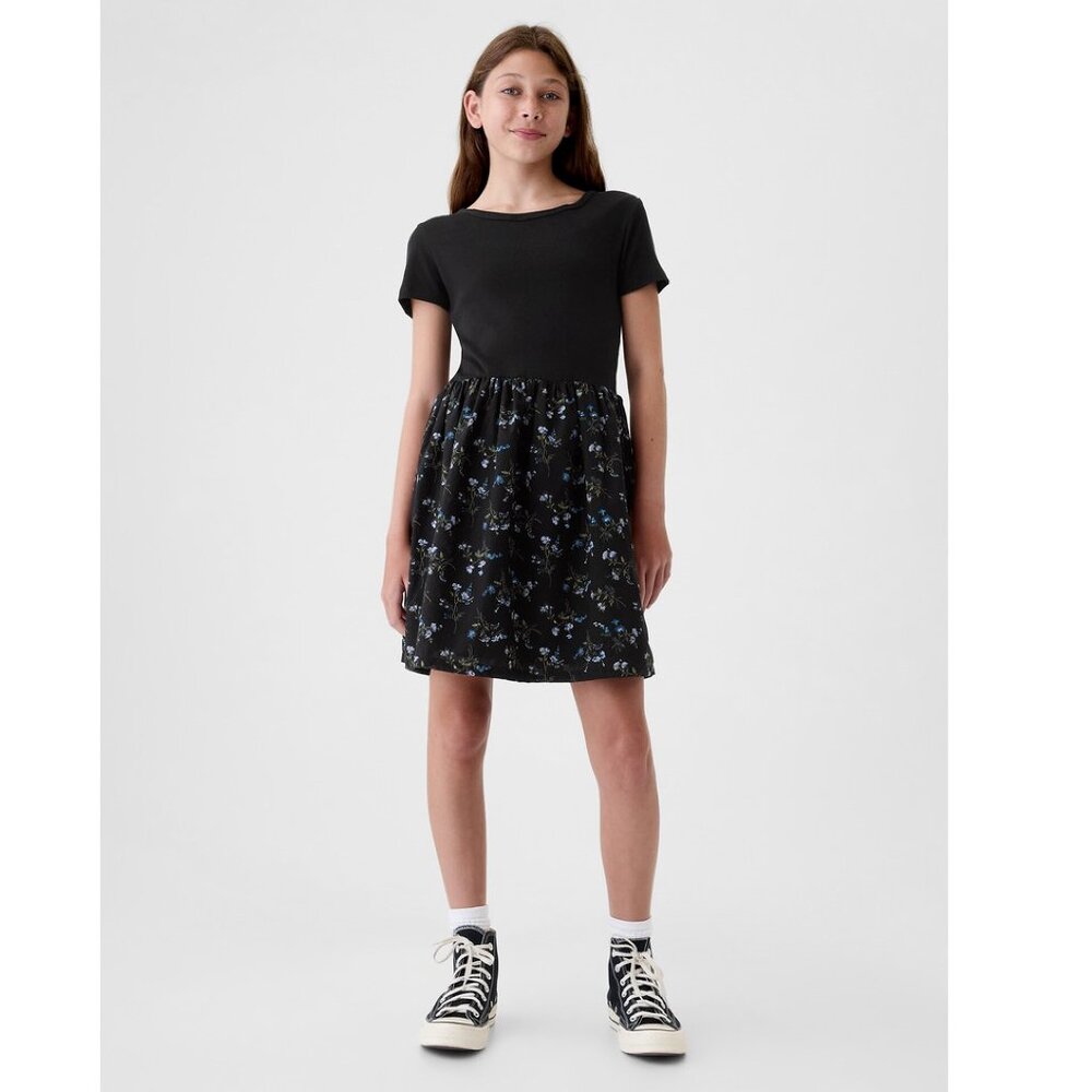 Gap Girls Black Short Sleeve Floral Print Skater Dress M